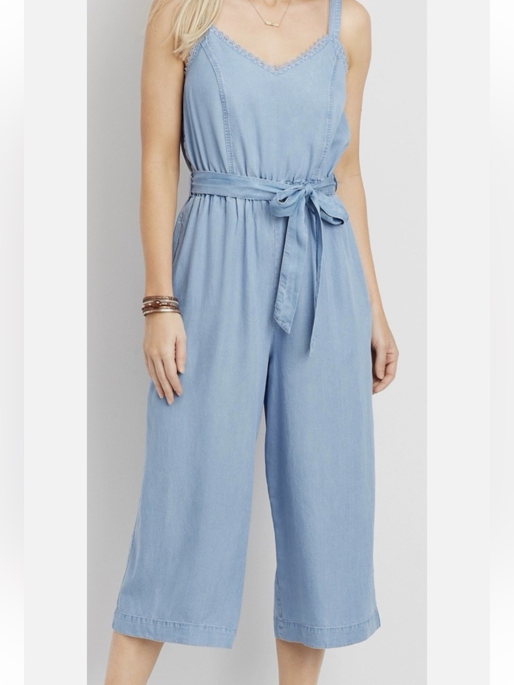 Maurices Light Blue Spaghetti-Strap Wide-Leg Cropped Romper XL Chambray elastic